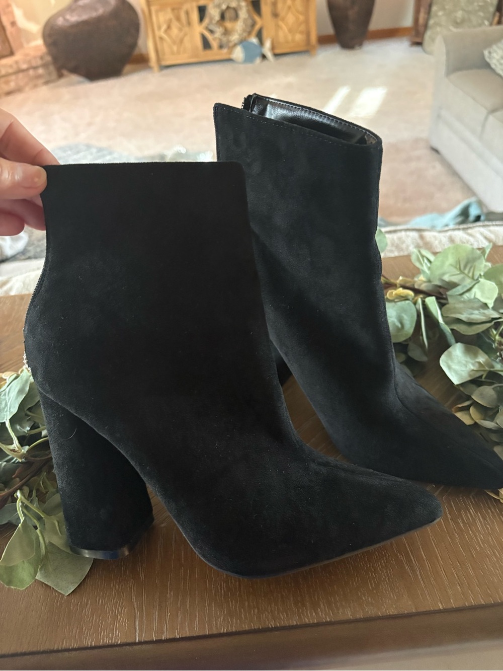 Women's Black Suede Pointed Ankle Booties with Block Heel